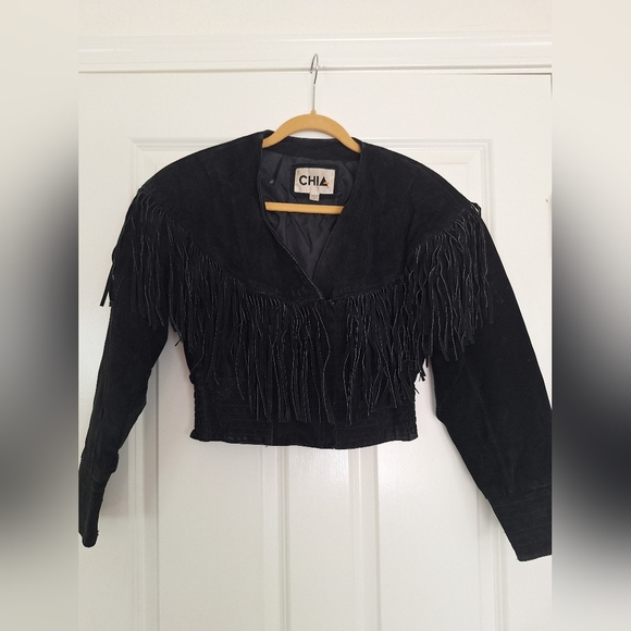 Vintage 80s CHIA Black Suede Fringe Jacket Women’s Western Cropped Boho Medium - Picture 1 of 11
